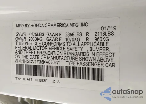 2019 Honda Accord Sport from USA, damaged, VIN 1HGCV1F35KA036271